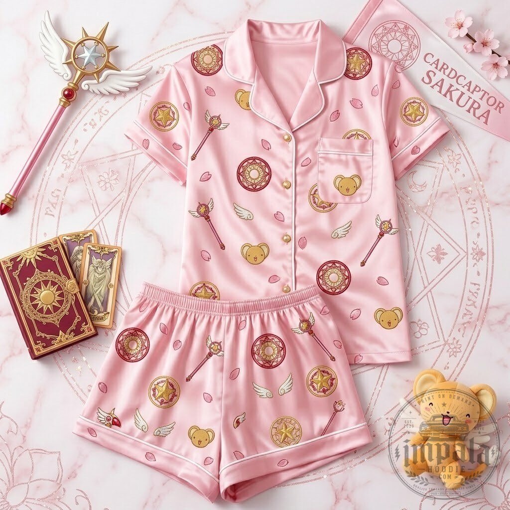 Cardcaptor Sakura Inspired Pink Short Satin Pajama Set