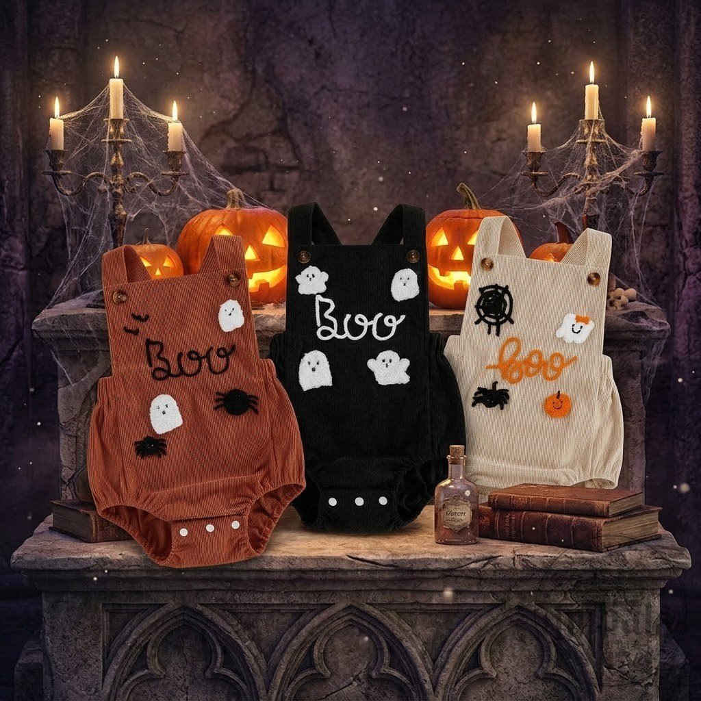 Halloween Ghost Cat Corduroy Overall Baby Romper