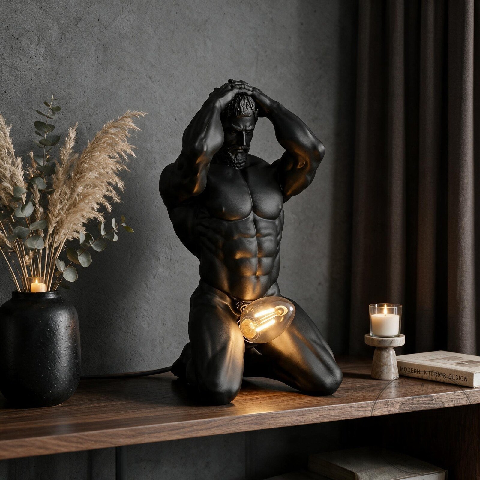 "Unique Gifts: Fantasy Apparel, Decor Lamps, and Collectible Memorabilia" 5 Muscular Sexy Man Black Statue With LED Light Decor Lamp
