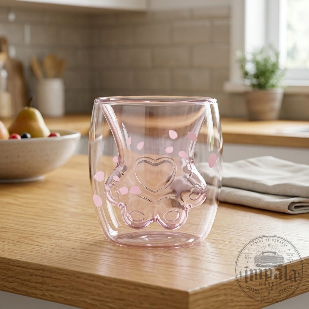 Pink Cat Paw Double Wall Glass Cup